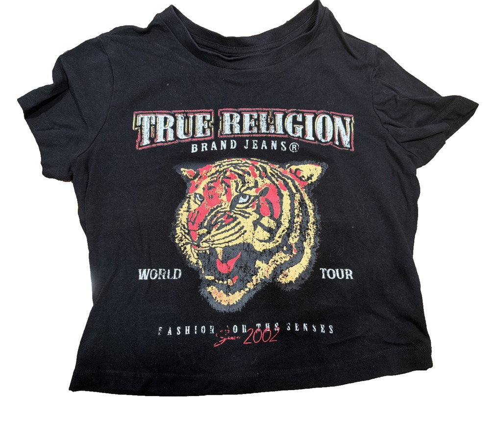True Religion Tiger Baby Tee Black Cropped Small